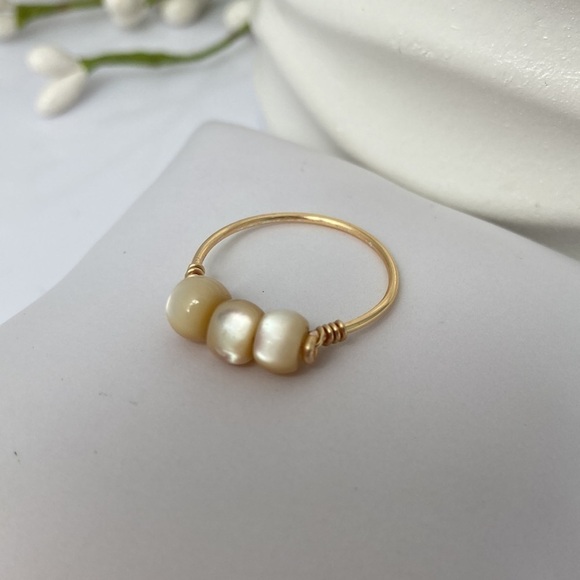 Artisan Jewelry - MOTHER of Pearl Shell Gold Wire Wrap Ring